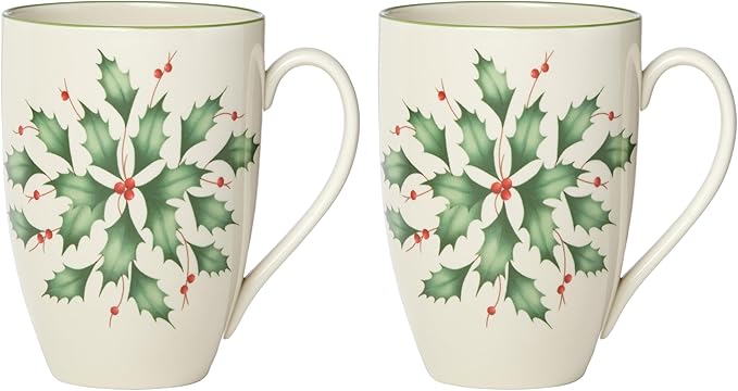 Lenox Hosting the Holidays Holly Porcelain Christmas Mug Set for 2, 14oz