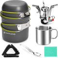 Odoland 8pcs Camping Cookware Mess Kit, Camping Pot and Pan Set with Mini Backpacking Stove, Stainless Steel Cup, Spork and Tank Bracket, Cooking Gear for Outdoor, Hiking, Picnic, Campfire, Green