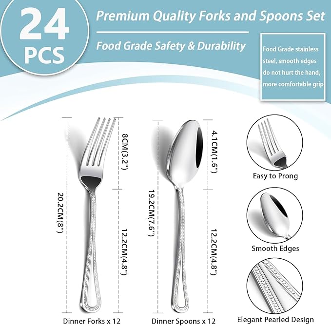 Gymdin 24 PCS Spoons and Forks Set, Food Grade Stainless Steel with Pearl Dot Design Handle Silverware Set, Mirror Polished Dishwasher Safe, Silverware Forks and Spoons for Home or Restaurant