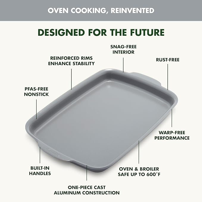 GreenPan Premiere Ovenware Healthy Ceramic Nonstick 13" x 9" Quarter Sheet Baking Pan, PFAS-Free, Warp-Free Bakeware, Durable Quick Heating, Oven & Broiler Safe to 600F, Dishwasher Safe, Gray