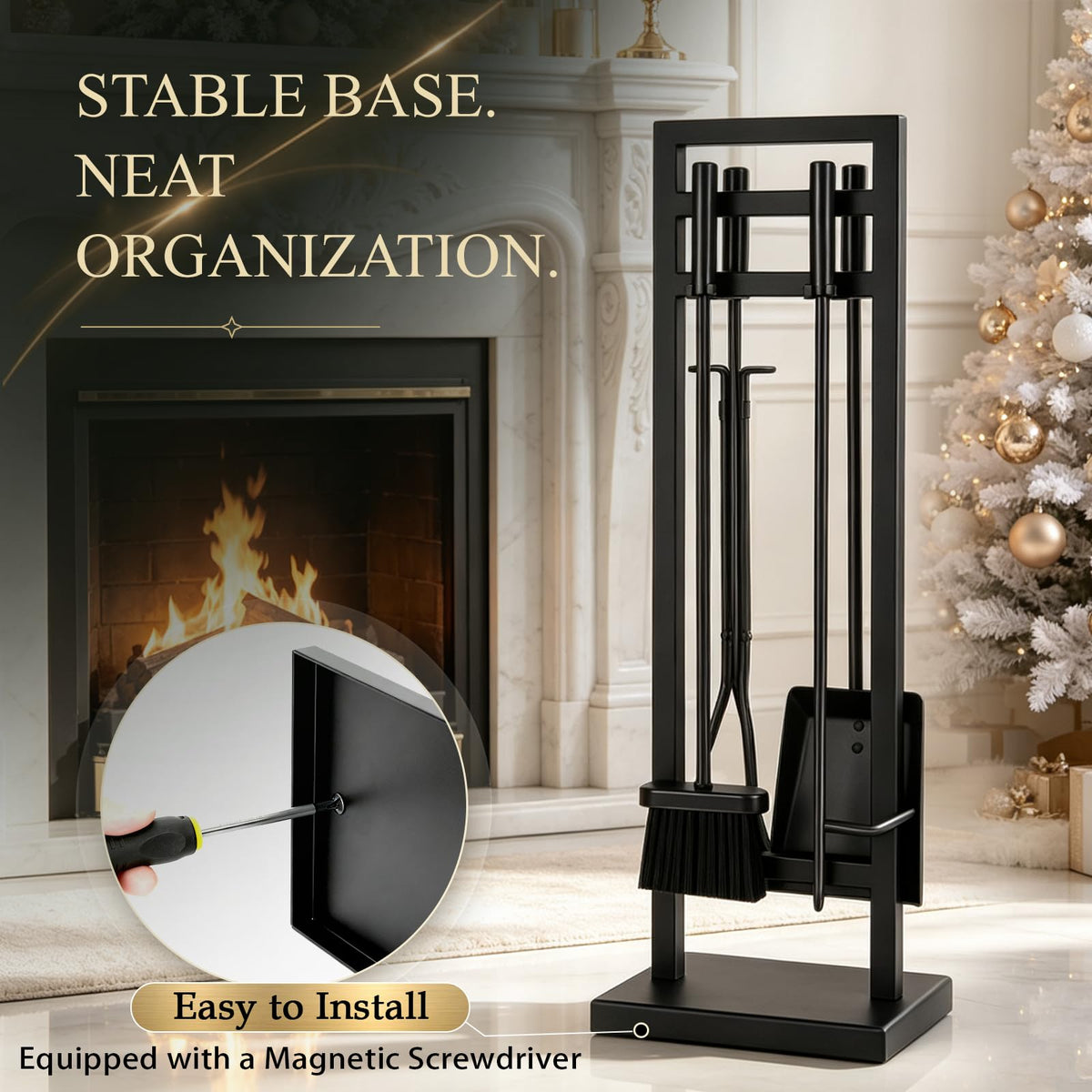 FEED GARDEN 5-Piece Fireplace Tool Set, 30" One-Piece Stand, Wrought Iron