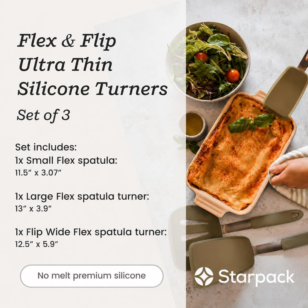 Starpack 'Flex & Flip' Flexible Silicone Turner Spatula Set (3 Pcs) - High Heat Resistant Spatulas for Cooking Egg 600°F - Silicone Pancake Turner Spatula, LFGB Grade Non Stick Rubber Kitchen Utensils