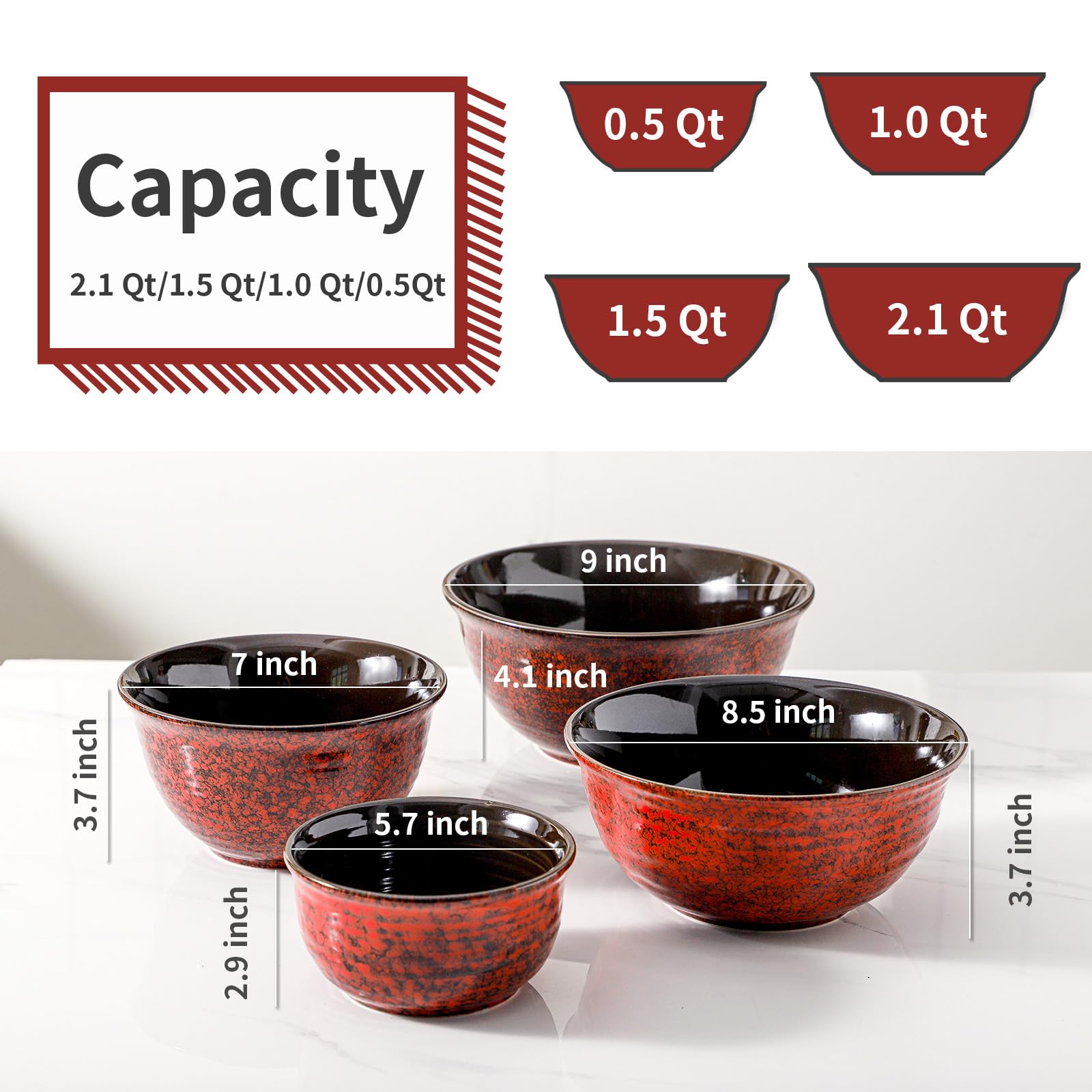 HASENSE Mixing Bowls, 2.1/1.5/1.0/0.5 Qt, Nesting Bowls for Cooking, Baking, Ceramic Serving Dishes Set of 4 for Salad, Fruits, Popcorn, Thanksgiving Christmas Gift, Dishwasher & Microwave Safe, Red