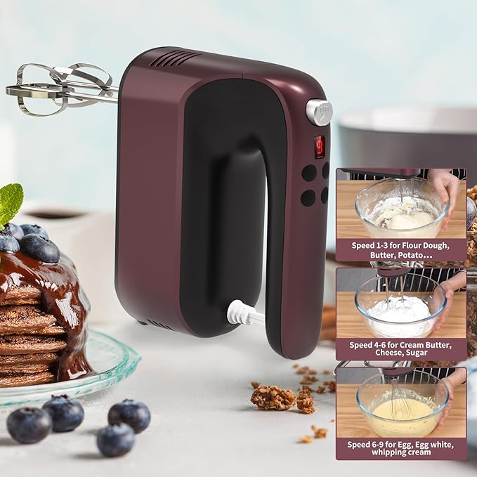 Yomelo 9-Speed Digital Hand Mixer Electric, 400W Powerful DC Motor, Hand Mixer Electric Handheld with Snap-On Storage Case, 5 Stainless Steel Accessories, Beaters, Dough Hooks, Whisk(Grape Purple)