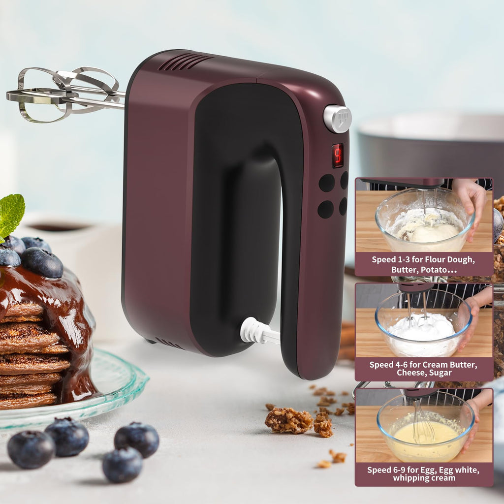 Yomelo 9-Speed Digital Hand Mixer Electric, 400W Powerful DC Motor, Hand Mixer Electric Handheld with Snap-On Storage Case, 5 Stainless Steel Accessories, Beaters, Dough Hooks, Whisk(Grape Purple)