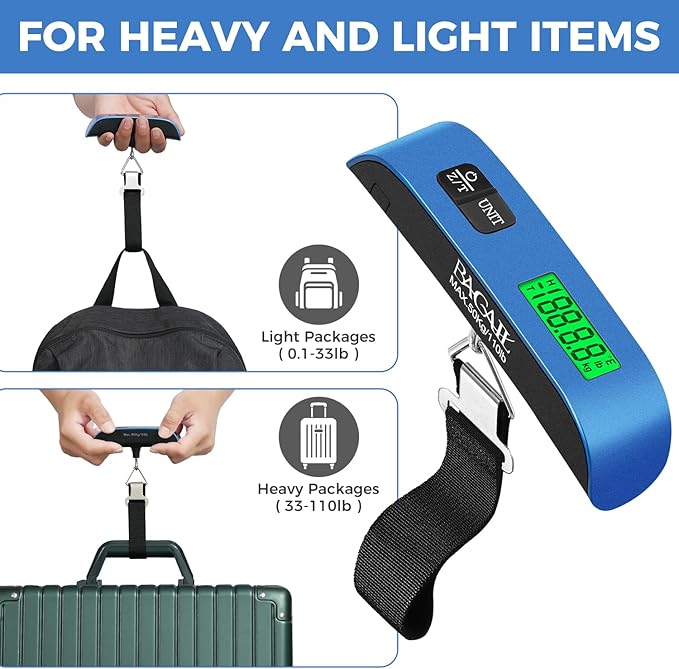 BAGAIL Digital Luggage Scale, 110lbs Hanging Baggage Scale with Backlit LCD Display,Portable Suitcase Weighing Scale,Travel Luggage Weight Scale with Hook,Strong Straps for Travelers(Blue)