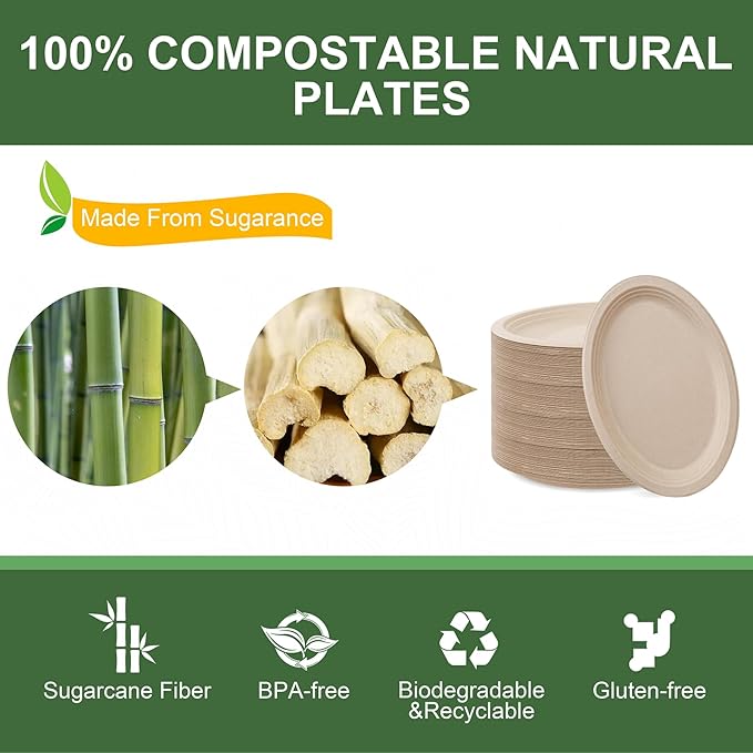 WELLIFE 100% Compostable Oval Paper Plates 12 Inch 125-Pack Large Plates