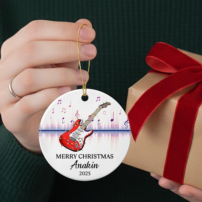 Customized Year Text Name Guitar Bass Player Ornament Gift for Daughter Son Husband Wife Dad Mom, Personalized Guitar Bass Instrument Christmas Ornament 2026, Guitarist Appreciation Ceramic Ornaments