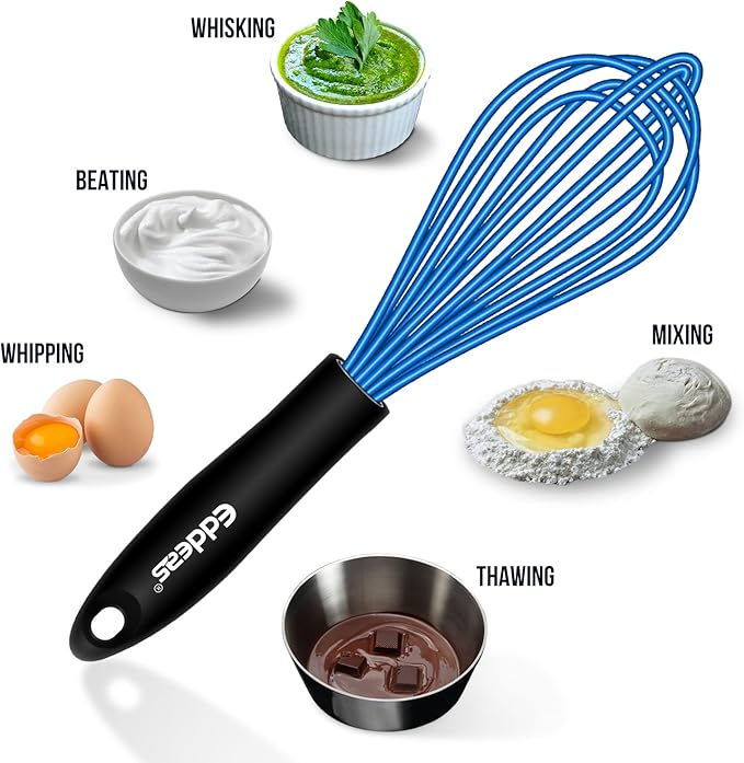 Eddeas Silicone Whisk, Non Scratch Whisk for Cooking, 5+7+9+11in Balloon Whisks, Suitable for Mixing, Blending. 11in Flat Whisks great for Ceramic Coated pans and Wider shallower pots. (Blue)