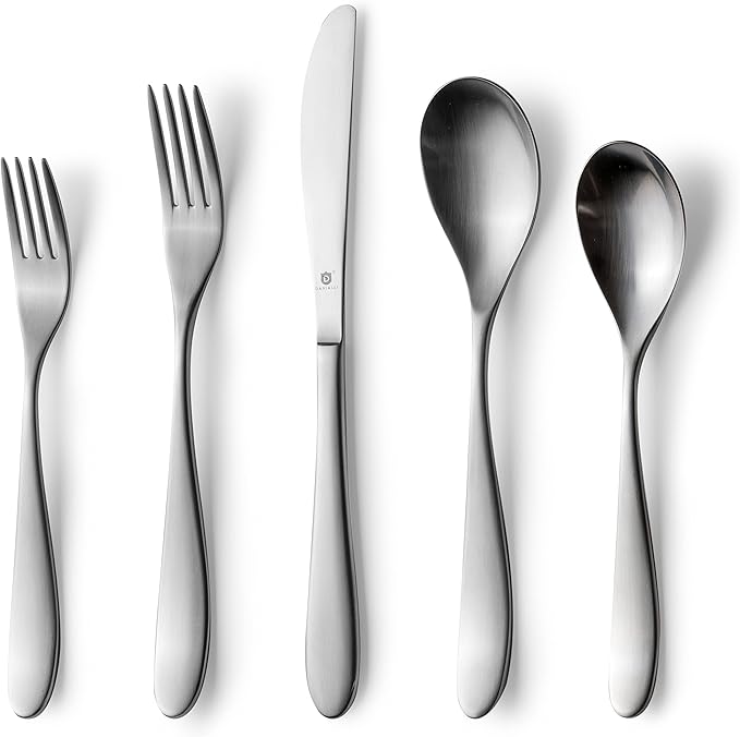 Danialli Matte Silverware Set, 18/10 Stainless Steel Satin Flatware, Modern Brushed Finish Cutlery, Dishwasher Safe & Durable, Built to Last (60-Piece, Marettimo)