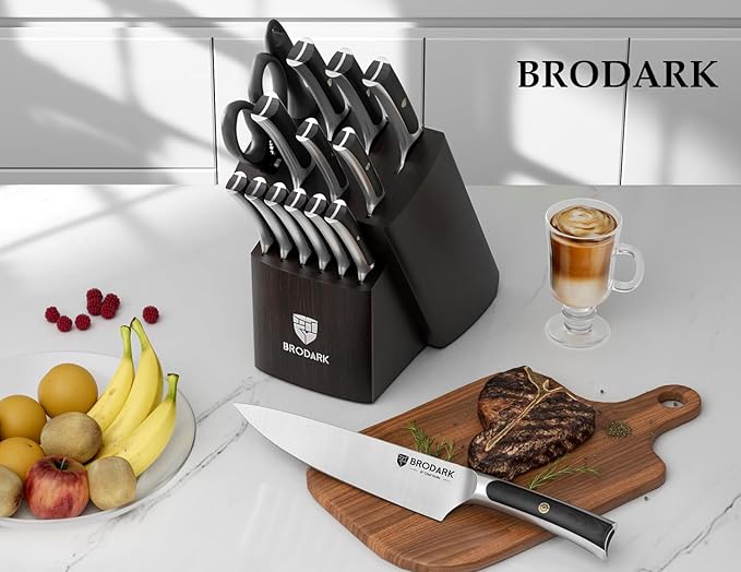 BRODARK 15 PCS Knife Set with Block,Pakkawood Handle Kitchen Knife Set