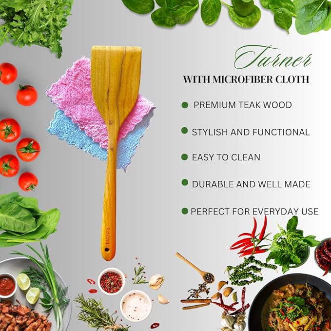 Fiodio Home Teak Wooden Spatula for Cooking – Handcrafted Non-Stick Kitchen Utensil with Comfort Grip & Microfiber Cloth