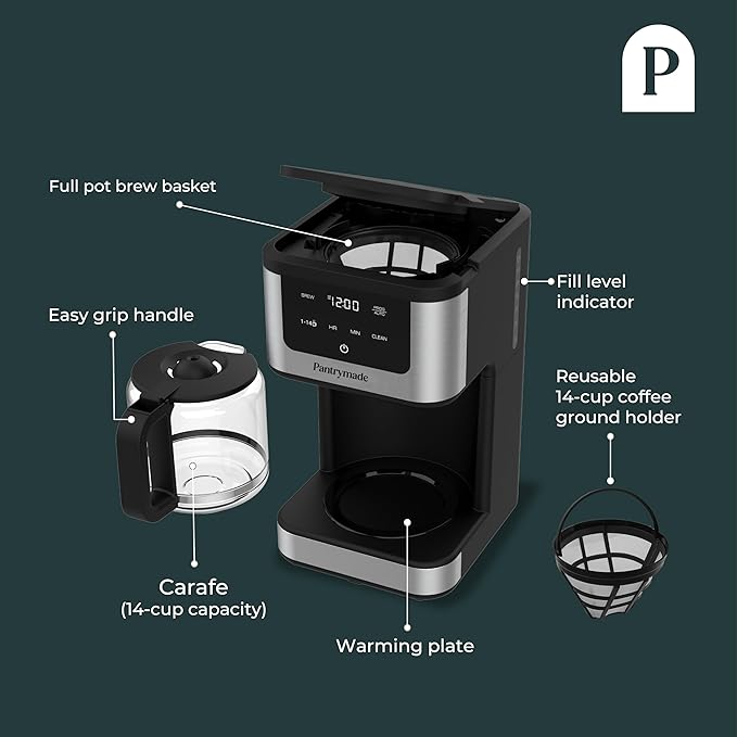 Pantrymade Deluxe 14 Cup Programmable Drip Coffee Maker with Glass Carafe | Large Capacity Coffee Maker 14 Cup with, Auto Shut-Off & Timer | Classic Black