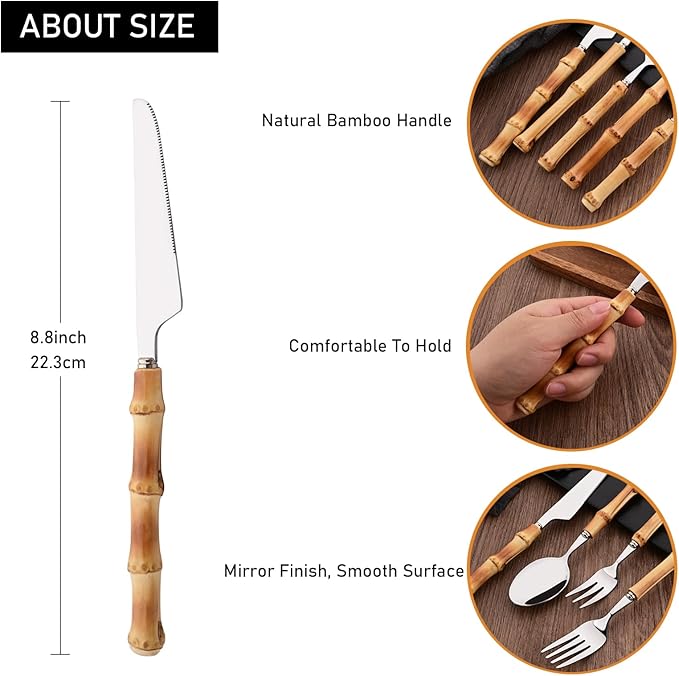 Uniturcky Dinner Knife Set with Bamboo Handle, 8-Piece Stainless Steel Shiny Silver Dinner Knives, Creative Design Table Knives for Home Restaurant, 8.74 inch, Handcrafted