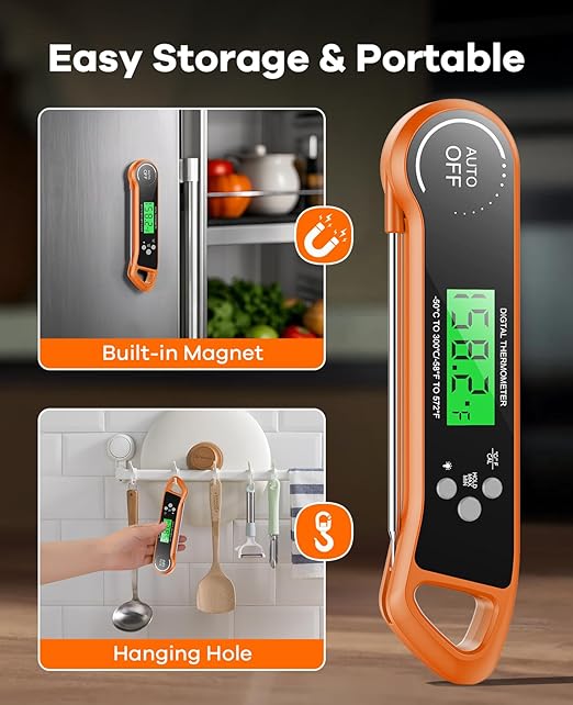 SILVLF Meat Thermometer Digital, Instant Read Thermometer with Backlight, Calibration & Hold Function, Waterproof Food Thermometer for Kitchen and Outside, BBQ,Turkey, Candy, Liquids, Beef (Orange)