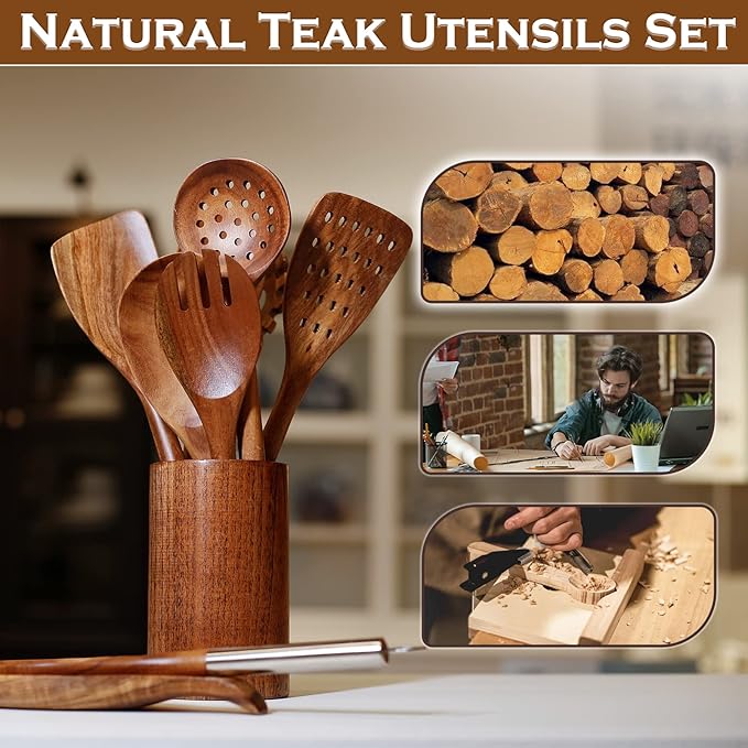 10PCS Teak Wooden Utensils Set With Holder & Spoon Rest, Stainless Handle