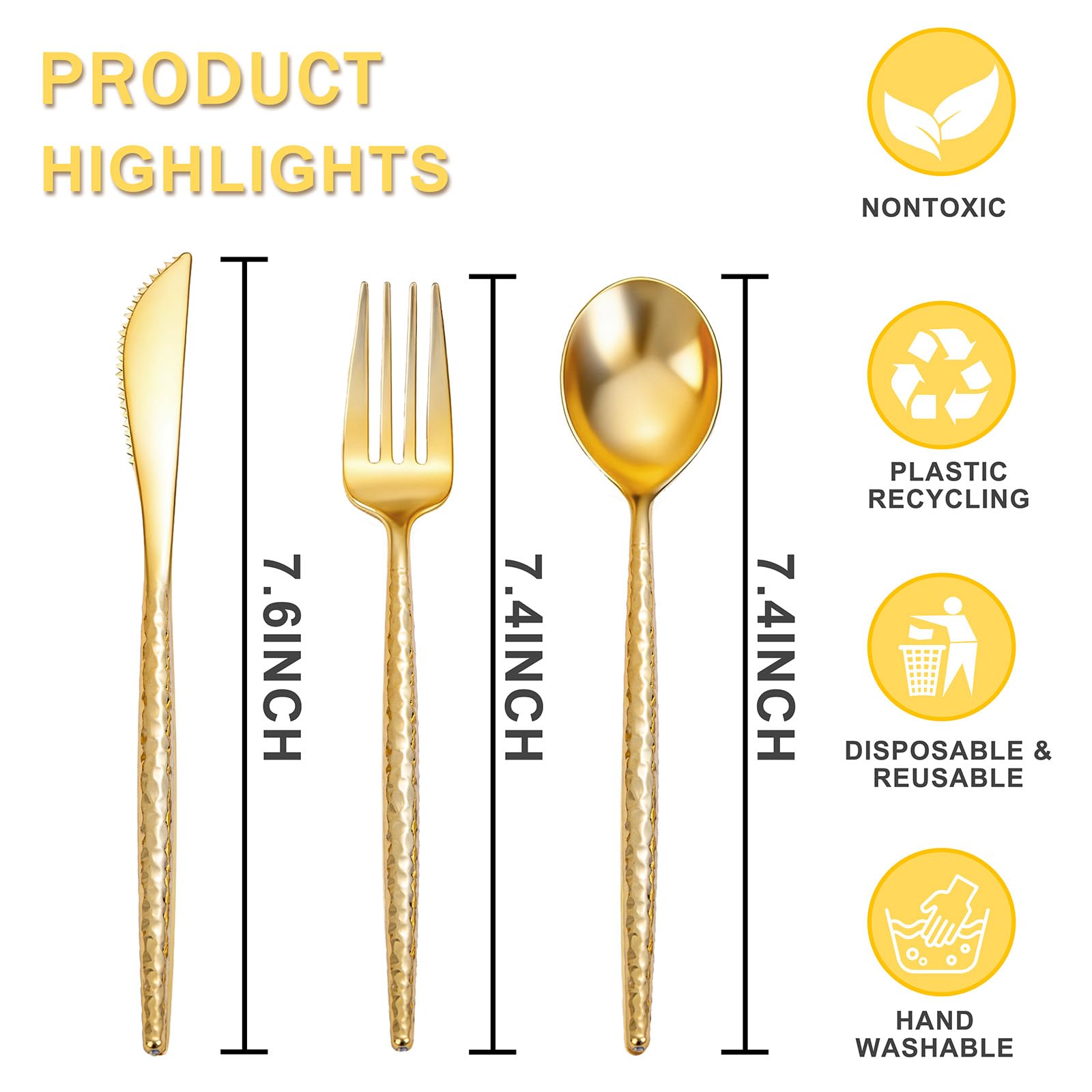 Rubtlamp 90Pcs Gold Plastic Silverware, Gold Disposable Utensils, Hammered Plastic Silverware, Plastic Forks And Spoons Set Include 30 Forks, 30 Knives,30 Spoons For Daily Use