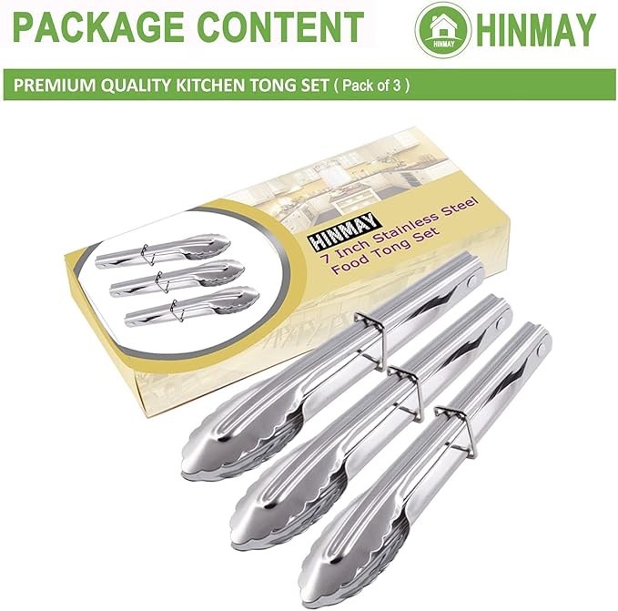 HINMAY 7-Inch Small Stainless Steel Serving Tongs, Set of 3 (Silver)