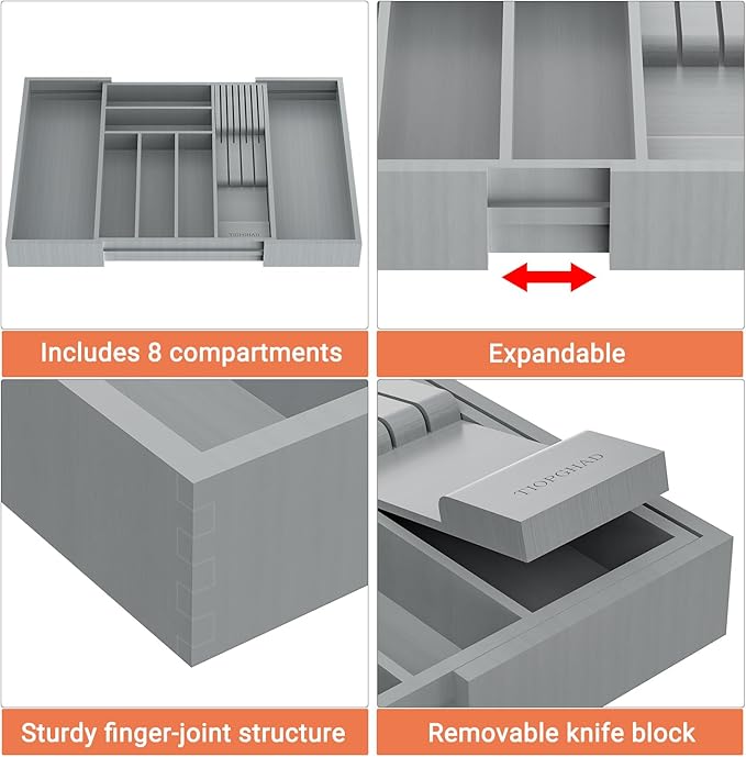 TIOPGHAD Expandable Bamboo Silverware Drawer Organizer Kitchen Tray, Grey