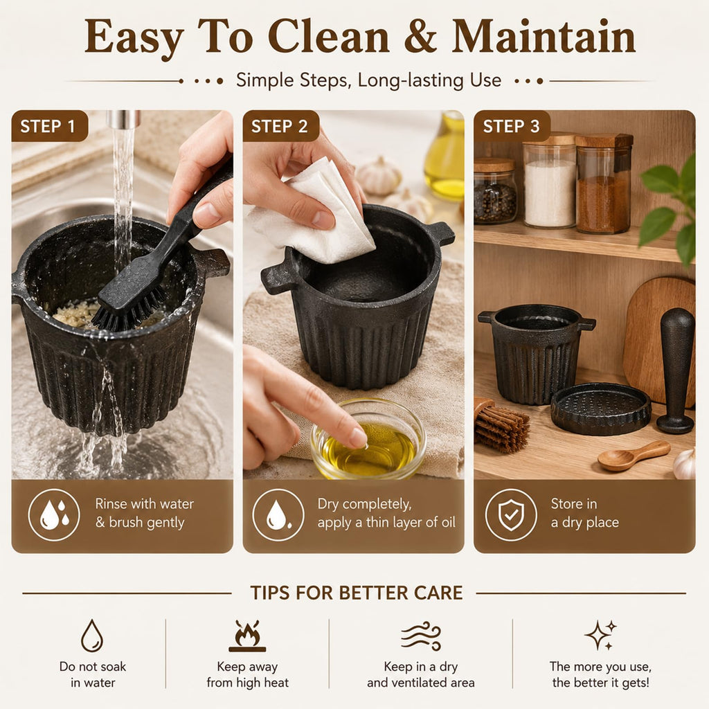 UKEMEN Cast Iron Mortar and Pestle Set, 3-Piece Small Garlic Grater Plate with Brush and Scoop, Heavy Duty Muddler and Bowl Grinder Set Perfect for Guacamole/Spices/Herbs/Solid/Metal/Glass/Rock