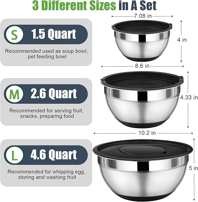 P&P CHEF Mixing Bowl with Lid Set of 3, Stainless Steel Salad Bowls, Black