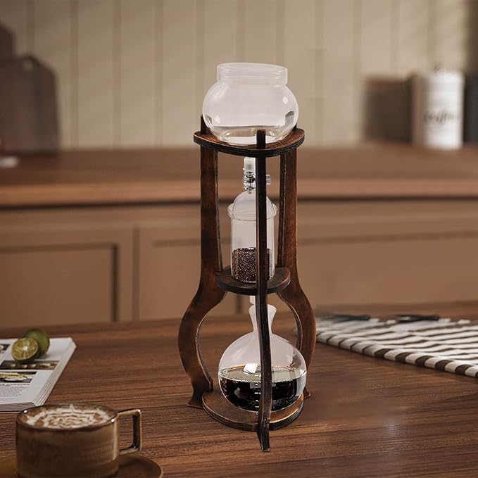 Netcoin Cold Brew Coffee Maker, 600 ml/20.29 oz Iced Coffee Tower Dripper Coffee Maker & Tea Maker 6-8 Cups, High Borosilicate Glass, Wood, 304 Stainless Steel, Copper - for Home Office (Brown)