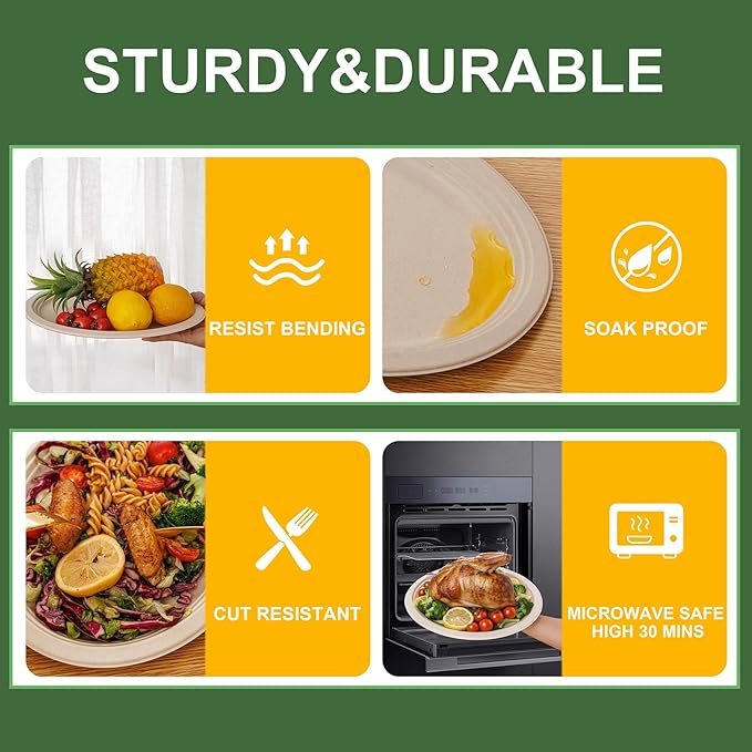 WELLIFE 100% Compostable Oval Paper Plates 12 Inch 125-Pack Large Plates