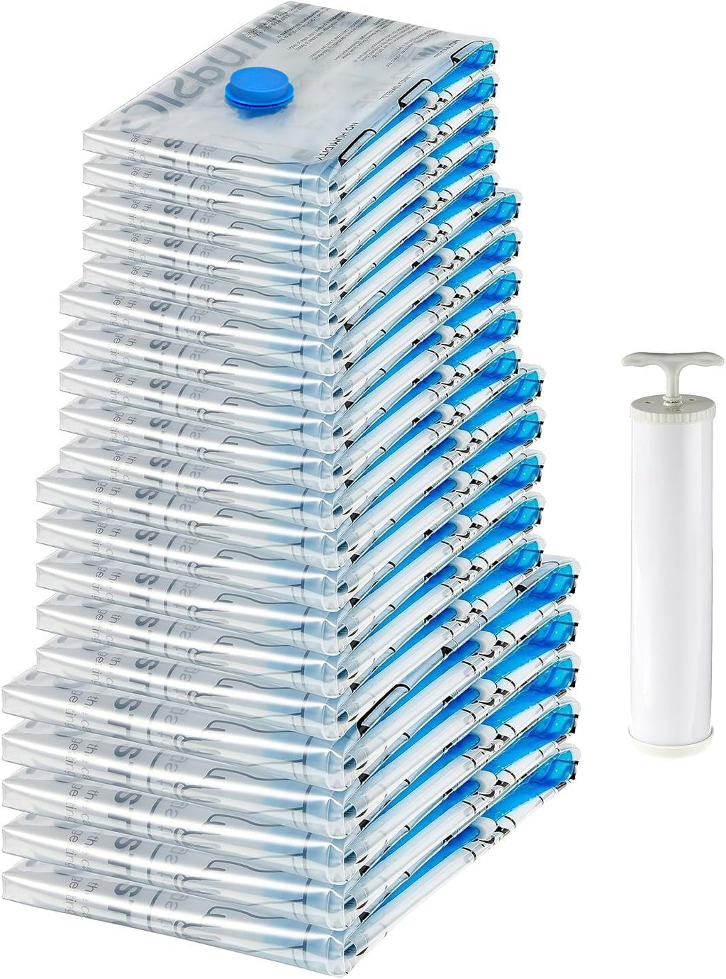 Amazon Basics Vacuum Storage Bags with Hand Pump for Travel, Space Saving Compression Bags for Clothes, Clothing, Blankets and Duvets, Clear, 20 Pack (5 Small, 5 Medium, 5 Large & 5 Jumbo)