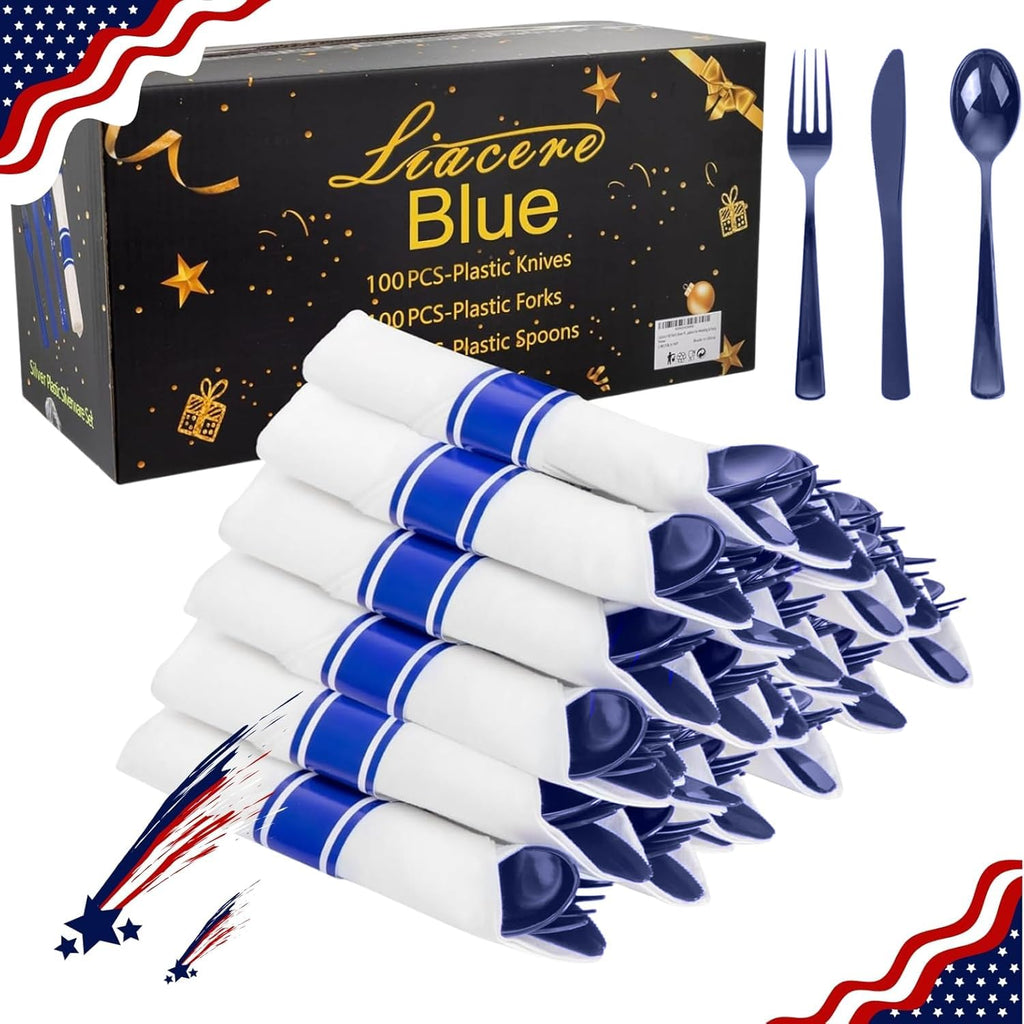 Liacere 100Pack Pre Rolled Blue Silverware and Napkin-Disposable Blue Plastic Utensils-Plastic Cutlery Set with Napkin:100 Forks,100 Knives,100 Spoons,100 Napkins for Wedding&Party&Independence Day