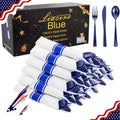 Liacere 100Pack Pre Rolled Blue Silverware and Napkin-Disposable Blue Plastic Utensils-Plastic Cutlery Set with Napkin:100 Forks,100 Knives,100 Spoons,100 Napkins for Wedding&Party&Independence Day