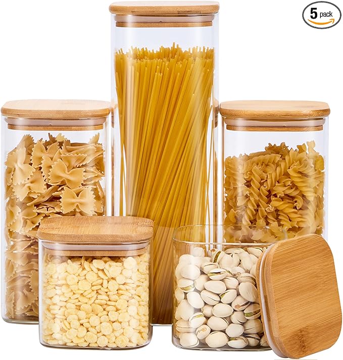 Spreccio Square Glass Food Storage Jars with Lids[Set of 5], Perfect for Pasta, Cookies, Nuts, Coffee, Cereal, Flour,Organize Your Kitchen and Pantry with these BPA-Free Glass Jars with Canisters