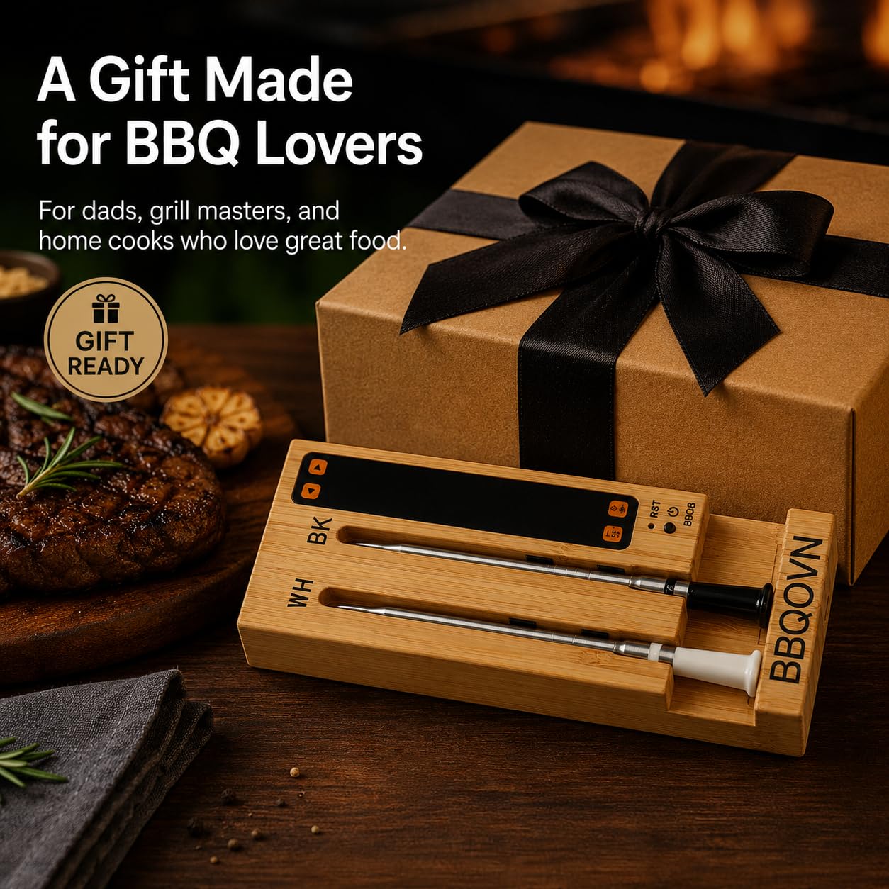BBQOVN WiFi Sub-1G Wireless Meat Thermometer Unlimited Range 7 NIST Certified Sensors with Ambient Temp 2 Temp Monitoring Ways Digital Smart Base and App for BBQ, Smoker, Grill, Oven (Dual Probes)