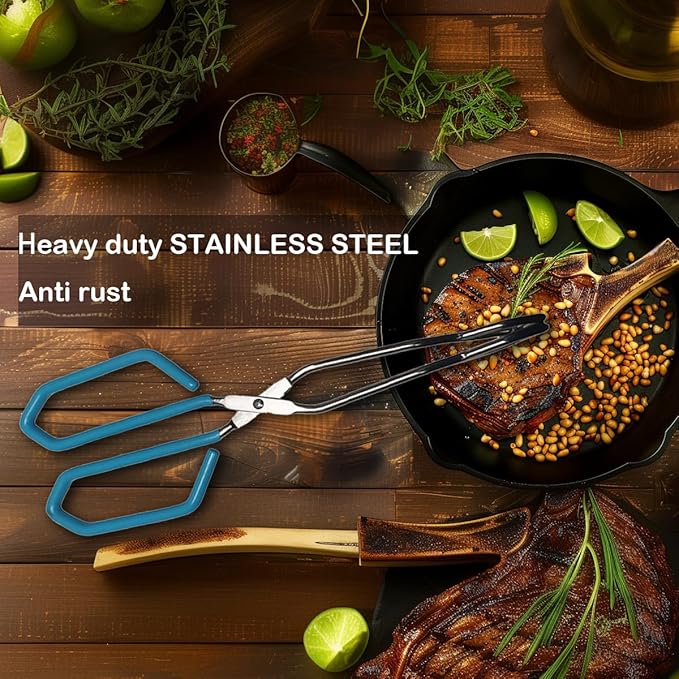 Hiash Stainless Steel Scissor Tongs, Heavy Duty, Kitchen Tongs for Food Cooking Barbecue BBQ Grilling and Serving (2pcs Blue)