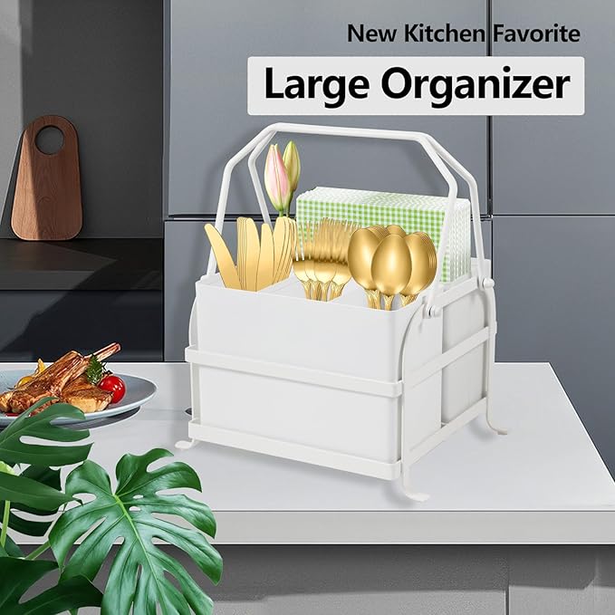 NelyBet Silverware Caddy Utensil Holder With Handle,Outdoor Silverware Holder Picnic Caddy and Camping Utensil Organizer, Flatware Holder for Party Gatherings, Metal -White