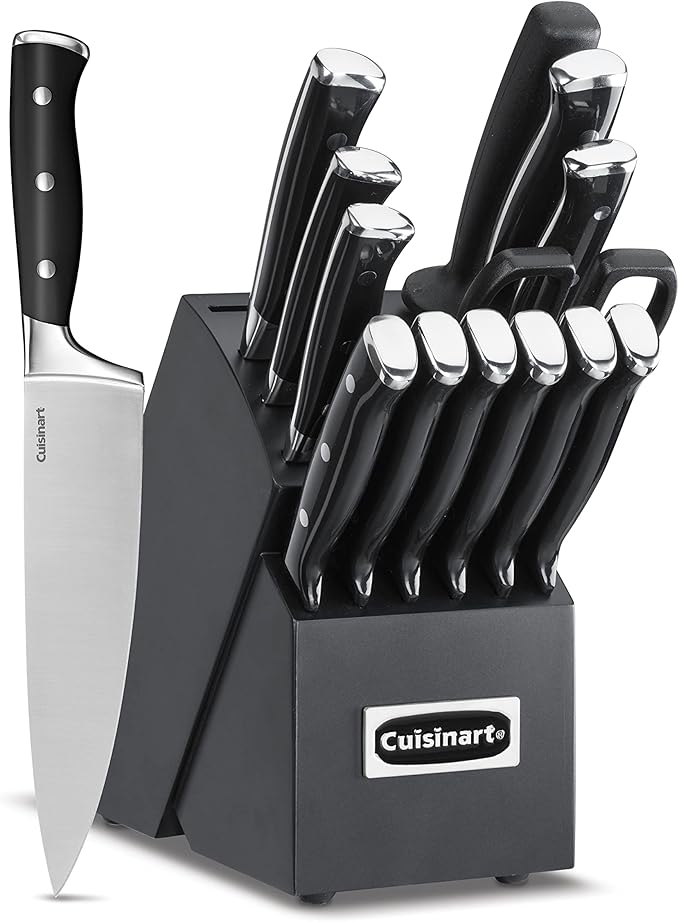 Cuisinart 15-Piece Knife Set with Block, High Carbon Stainless Steel, Forged Triple Rivet (Black/Black)