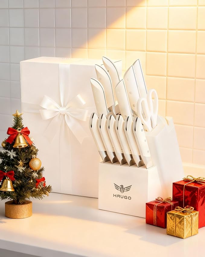 Haugo Kitchen Knife Set with Block: 14-Piece German Stainless Steel Full Tang Professional Knife - Comfortable Grip Reduces Hand Fatigue 30% - Dishwasher Safe & Sharpener - White Knife Set for Cooking