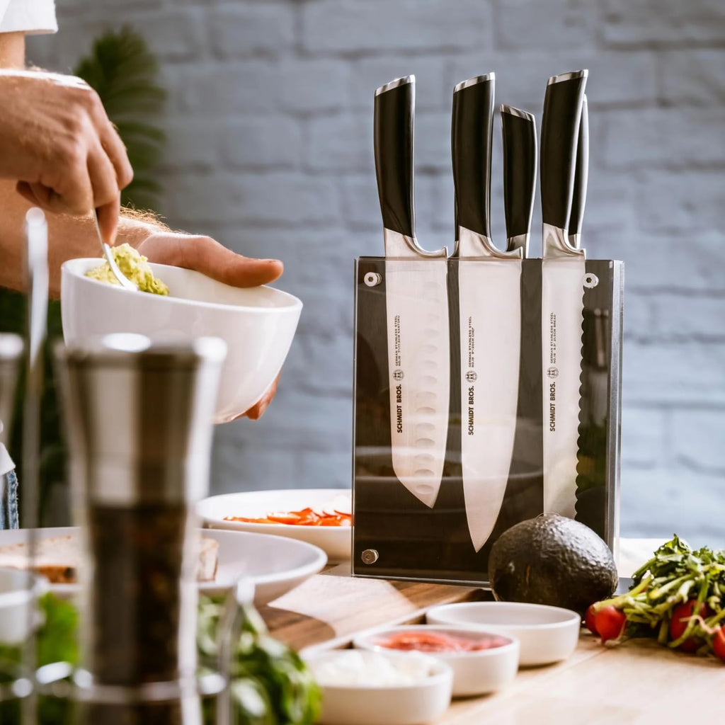 Schmidt Brothers - Heritage 7-Piece Kitcken Knife Set, High-Carbon German Stainless Steel Cutlery, and Clear Acrylic Magnetic Block Set