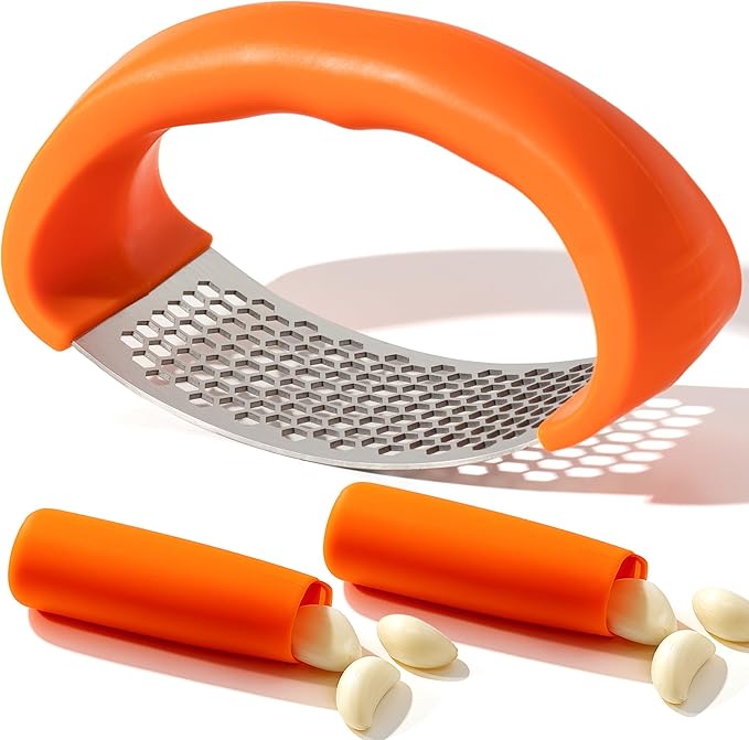 Li&Zhao Stainless Steel Garlic Press Rocker - Garlic Crusher Stainless Steel Garlic Mincer Tool Garlic Rocker with Garlic Peeler Garlic Smasher for Kitchen Cooking(Orange)