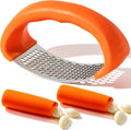 Li&Zhao Stainless Steel Garlic Press Rocker - Garlic Crusher Stainless Steel Garlic Mincer Tool Garlic Rocker with Garlic Peeler Garlic Smasher for Kitchen Cooking(Orange)