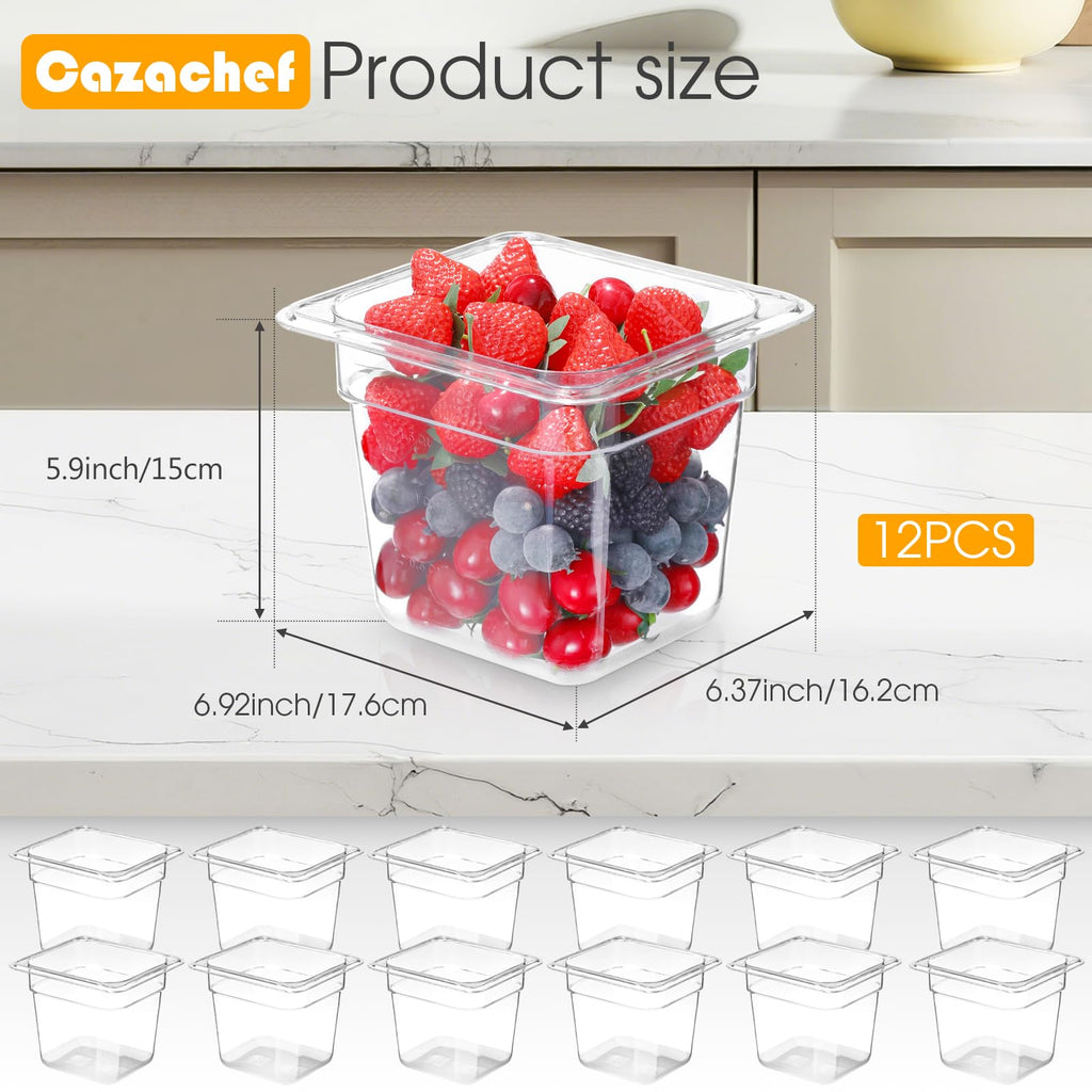 CAZACHEF 12-Pack NSF Polycarbonate Food Pans, 1/6 Size 6" Deep Commercial Food Storage Containers, Clear Plastic Steam Table & Prep Pans for Buffet, Salad Bar, Restaurant, Dishwasher & Freezer Safe