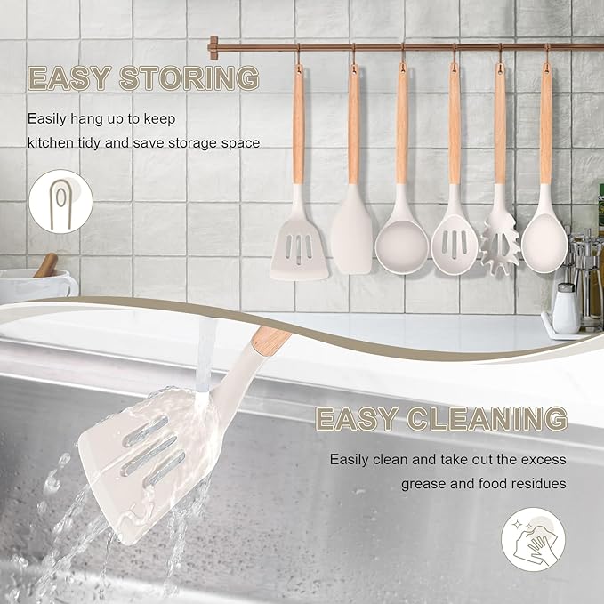 P&P CHEF 6 PCS Kitchen Utensils with Wooden Handle, Khaki