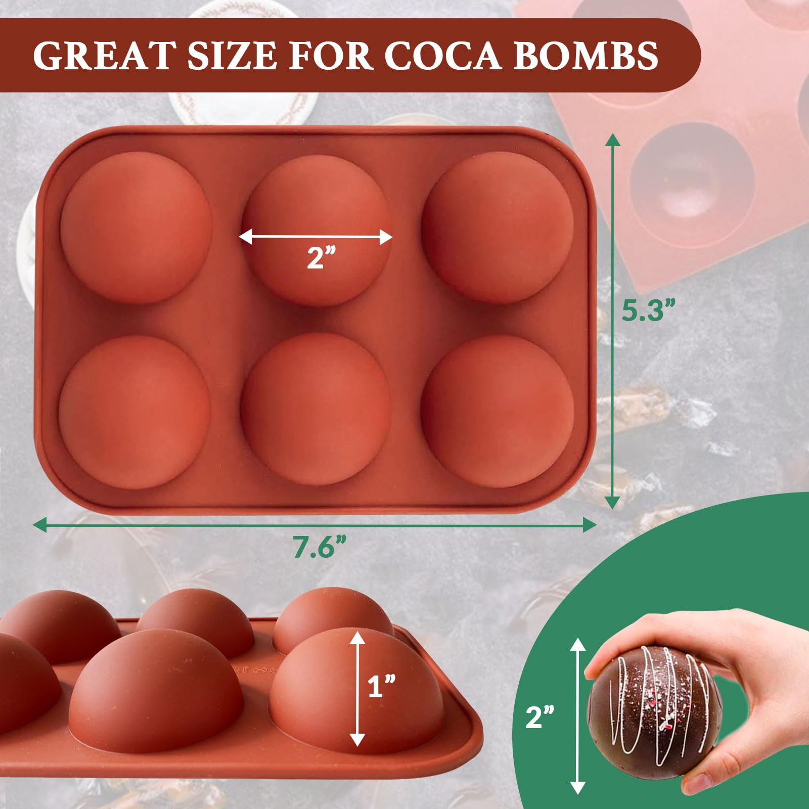Hot Chocolate Cocoa Bomb Molds Hemisphere Silicone 2 Inch 4 Pack, Semi Ball Mould 6 Cavity Large Circular, BPA Free Non-Stick Half Sphere Holiday Valentine DIY Cake Jelly Dome Mousse