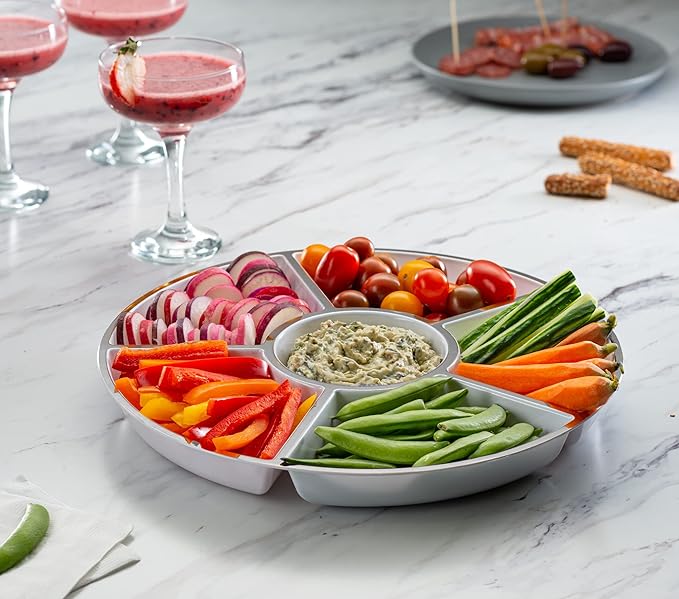 6 Sectional Round Plastic Serving Tray/Platters White W Silver Rim Pack of 2