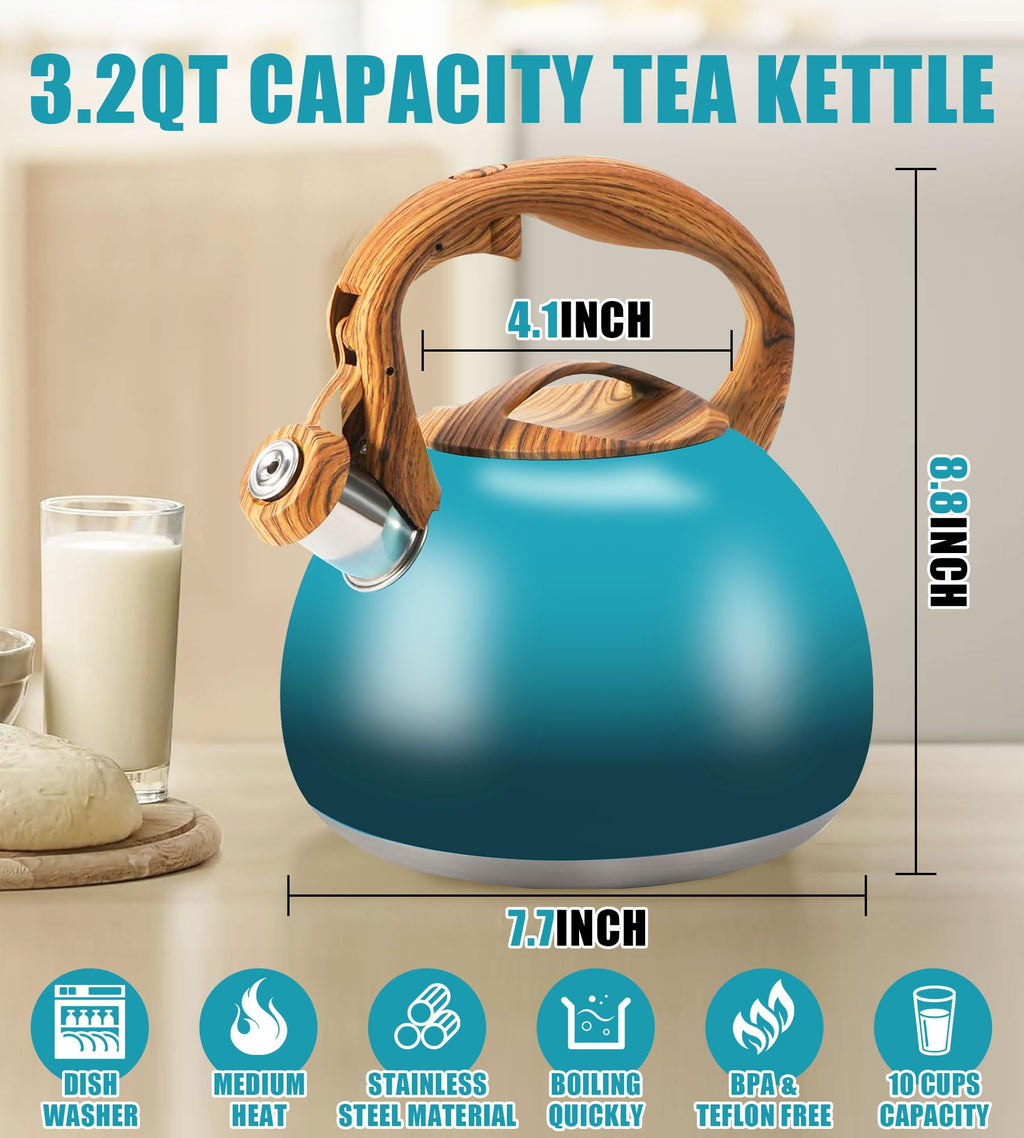 Foedo 3.2Qt Stainless Steel Whistling Tea Kettle Stovetop, Dark Green