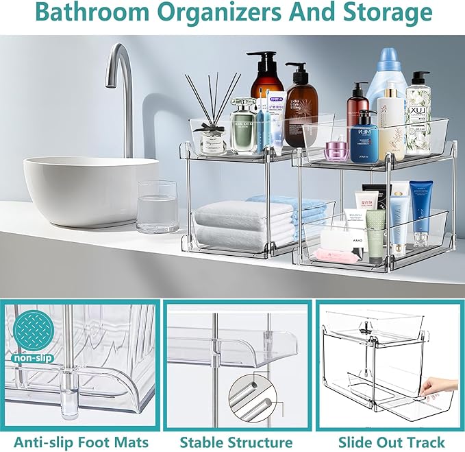 AITOPMART 2 Pack Bathroom Organizer,2 Tier Clear Under Sink Organizers Vanity Countertop Storage Container,Cabinet Drawers Bins, Pull-Out Organization with Track for Pantry, Kitchen