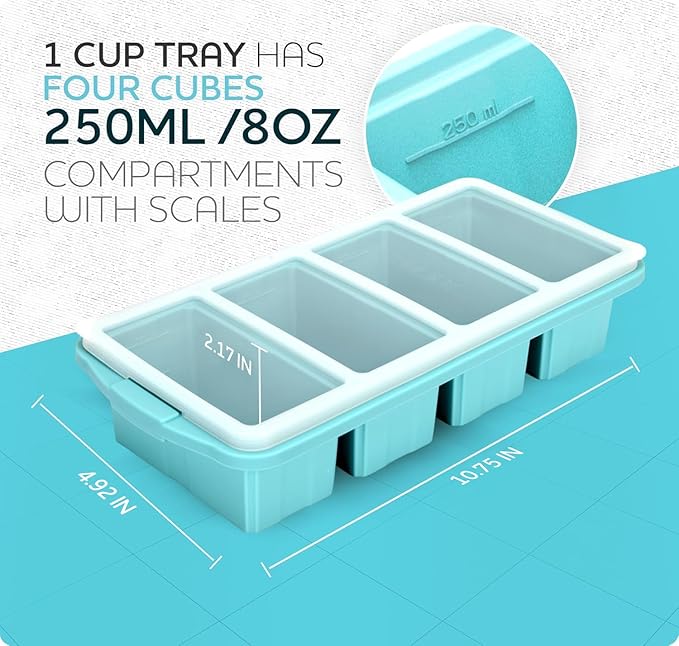 XOMOO Silicone Freezer Tray With Lid - Soup Freezer Container molds - Large Ice Cube Tray- makes 8 perfect 1 cup portions cubes, 2-Pack Freezer Storage Food Soups & Meal Prep - Oven & Dishwasher -Safe