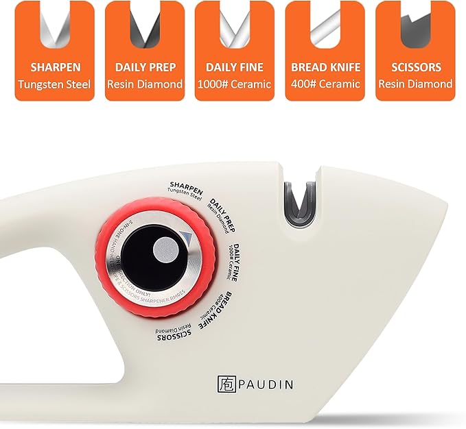 PAUDIN 5-Stage Knife Sharpener for Kitchen Knives & Scissors, Straight & Serrated Blades Manual Sharpener, Restores Dull Knives for Home Cooks and Everyday Cooking