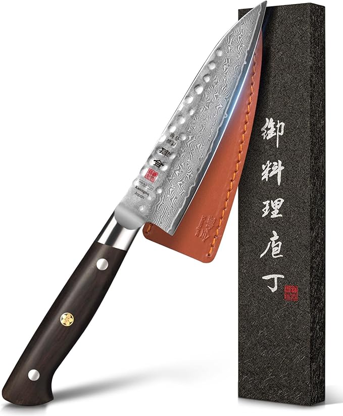 kanngou Japanese Chef Knife Kitchen Knife with 67 Layers Damascus Steel AUS-10 Core, Professional Damascus Knife with Full-Tang Ebony Wood Handle and Premium Gift Box (5.45 Inch Petty Paring Knife)