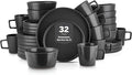 Stone Lain Celina Stoneware 32 Piece Modern Dinnerware Set, Plates and Bowls, Black Matte, Service for 8, Microwave & Dishwasher Safe