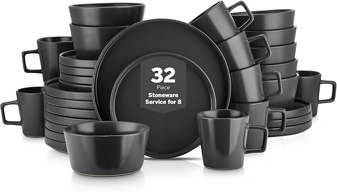 Stone Lain Celina Stoneware 32 Piece Modern Dinnerware Set, Plates and Bowls, Black Matte, Service for 8, Microwave & Dishwasher Safe